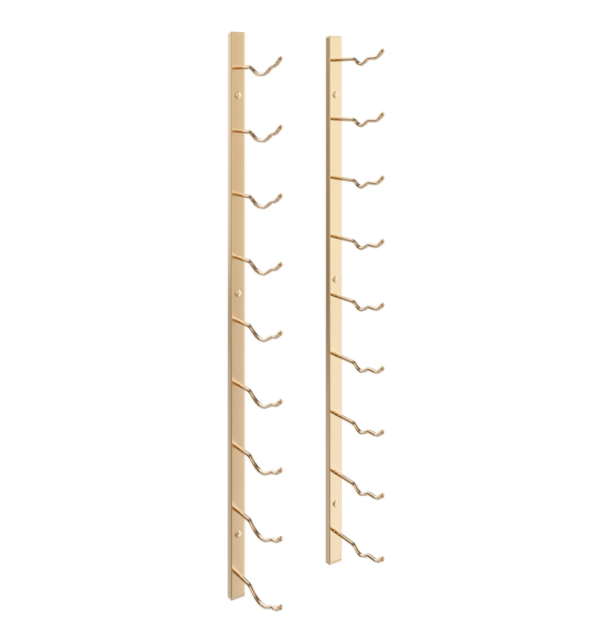 Wall-mounted wine rack rails with curved bottle holders, golden bronze finish