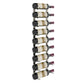 Wall-mounted wine rack holding wine bottles on dark side rails