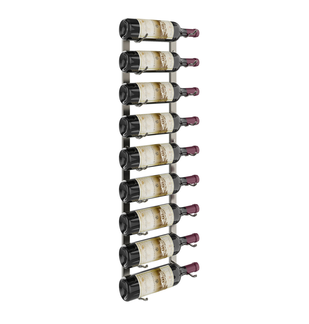 Wall-mounted wine rack holding wine bottles on dark side rails