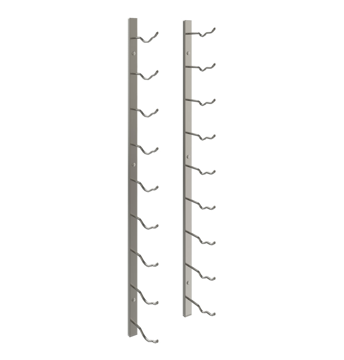 Wall-mounted wine rack rails with curved bottle holders, gunmetal gray finish