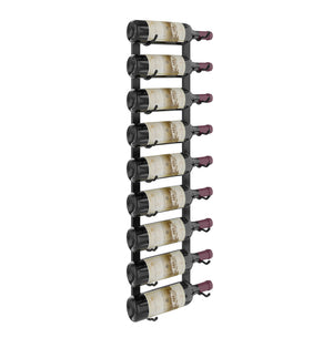 Wall-mounted wine rack holding wine bottles on black curved bottle pegs