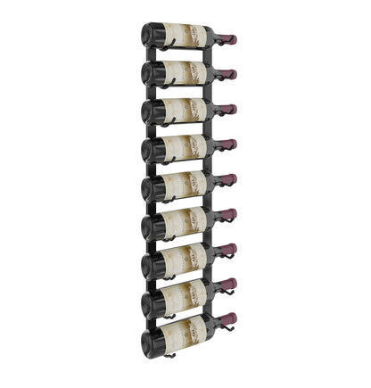 Wall-mounted wine rack holding wine bottles on black curved bottle pegs