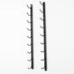 Pair of wall-mounted wine rack rails with curved bottle holders, matte black finish