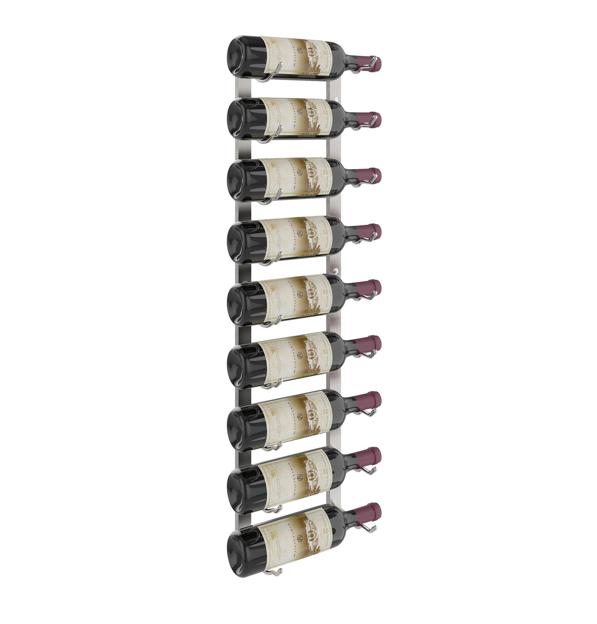 Wall-mounted wine rack with black bottle slots holding multiple wine bottles