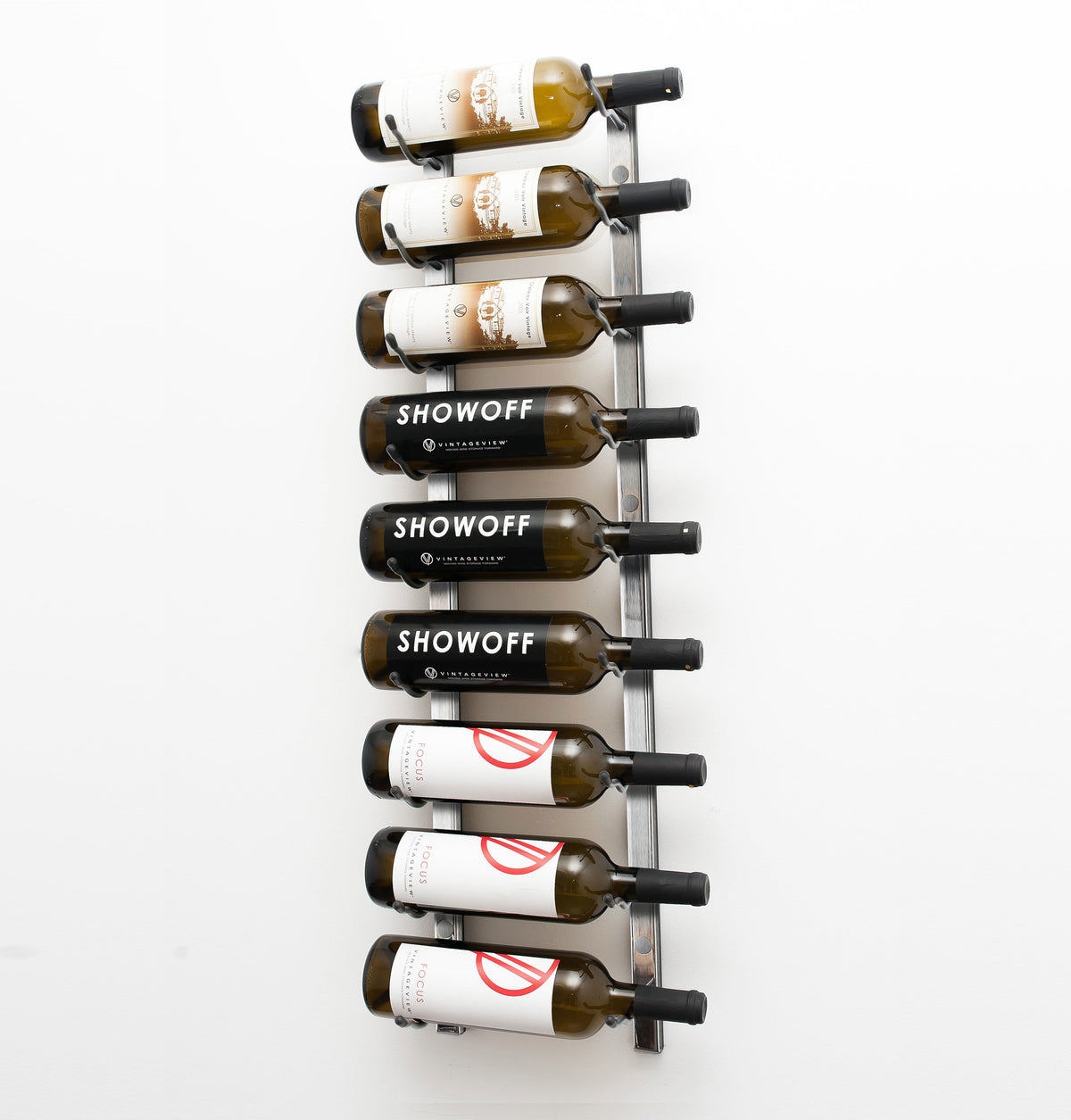 Wall-mounted wine rack with metal frame and black bottle holders