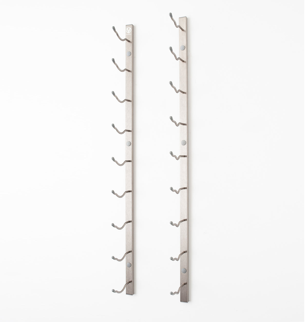 Wall-mounted wine rack with silver metal frame and curved bottle hooks