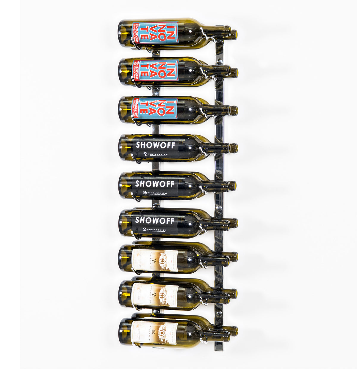 Wall-mounted wine rack with black bottle holders and wine bottles