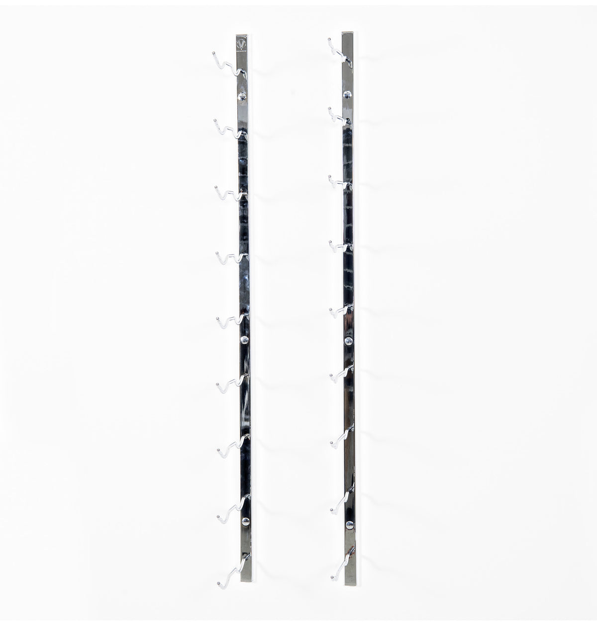 Wall-mounted wine rack with polished metal frame and curved bottle hooks