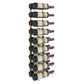 Wall-mounted wine rack with black bottle slots holding multiple wine bottles