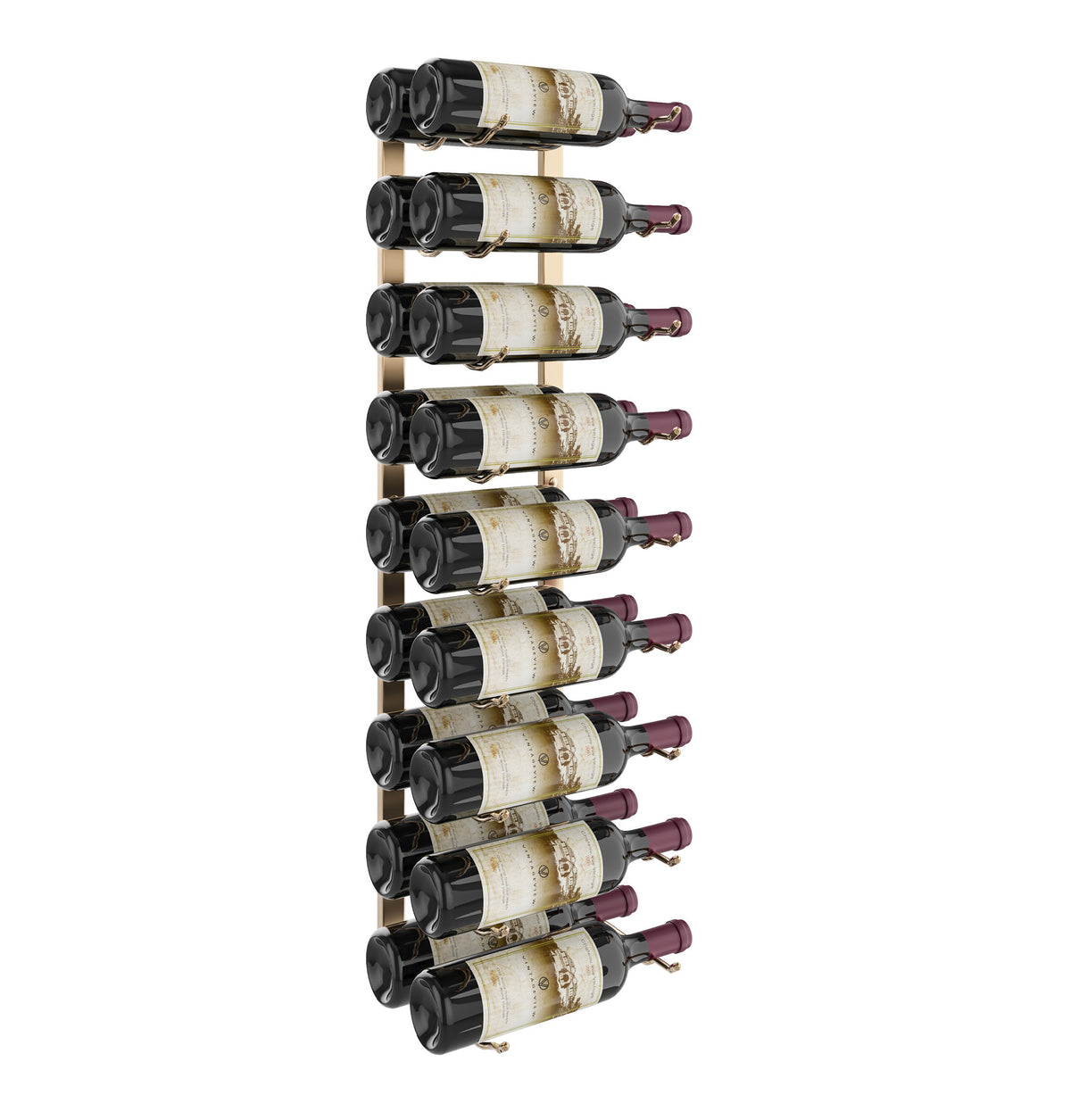 Wall-mounted wine rack with black bottle slots holding multiple wine bottles