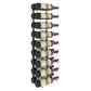 Wall-mounted wine rack with black bottle holders and angled arrangement of bottles