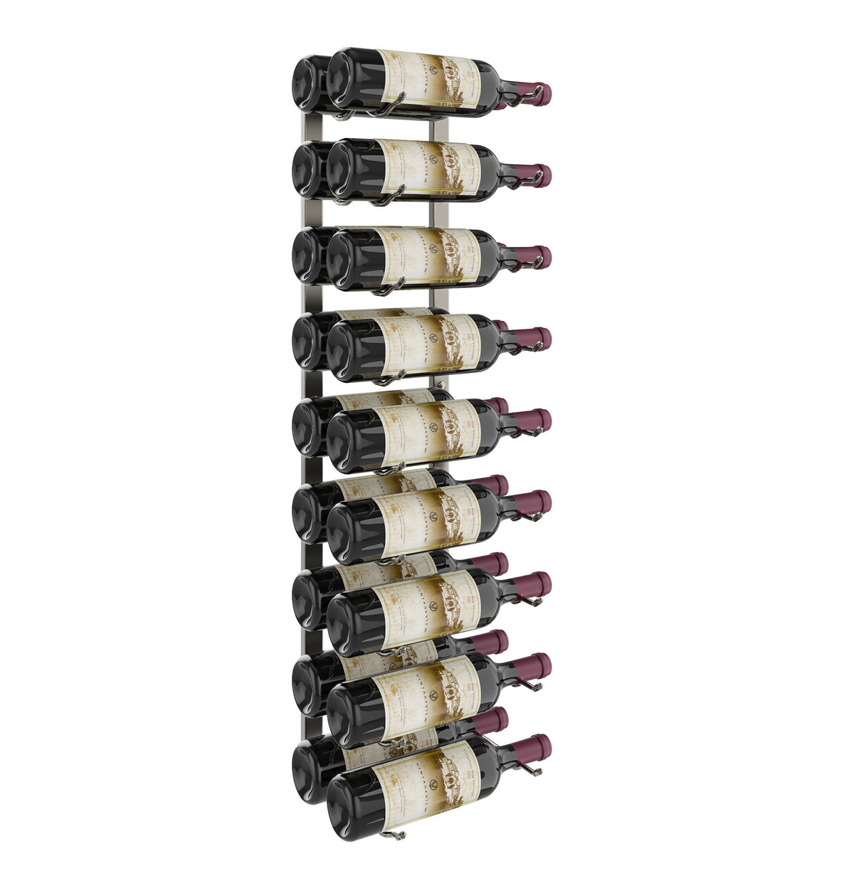 Wall-mounted wine rack with black bottle holders and angled arrangement of bottles