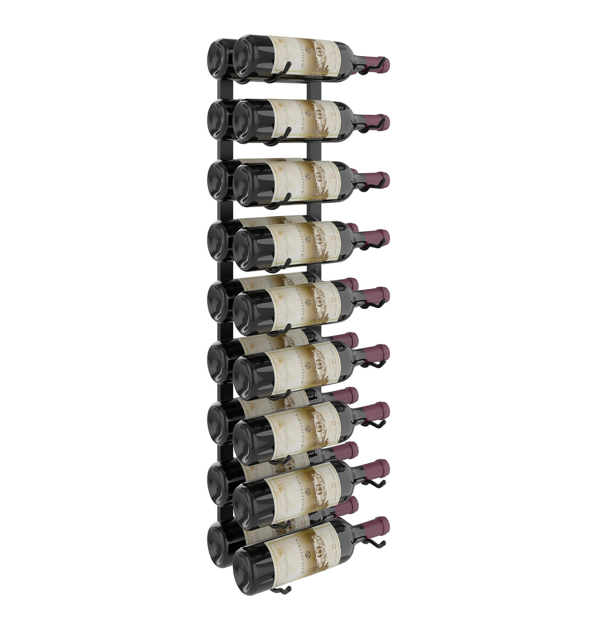 Wall-mounted wine rack with black bottle slots holding multiple wine bottles