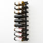 Wall-mounted wine rack with metal frame and black bottle holders