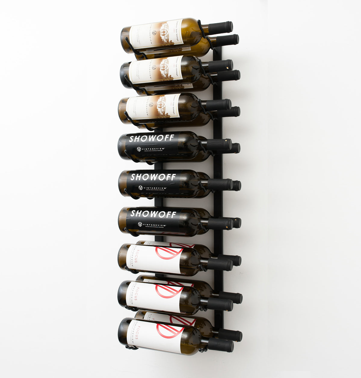Wall-mounted wine rack with metal frame and black bottle holders