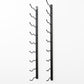 Wall-mounted wine rack with dark metal frame and curved bottle hooks