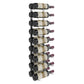 Wall-mounted black wine rack holding wine bottles in a stacked row