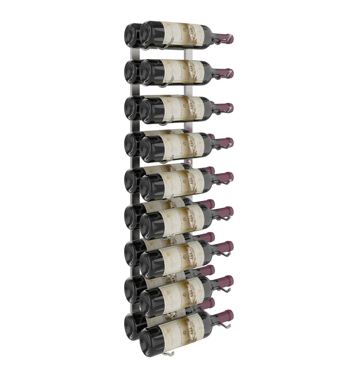 Wall-mounted black wine rack holding wine bottles in a stacked row
