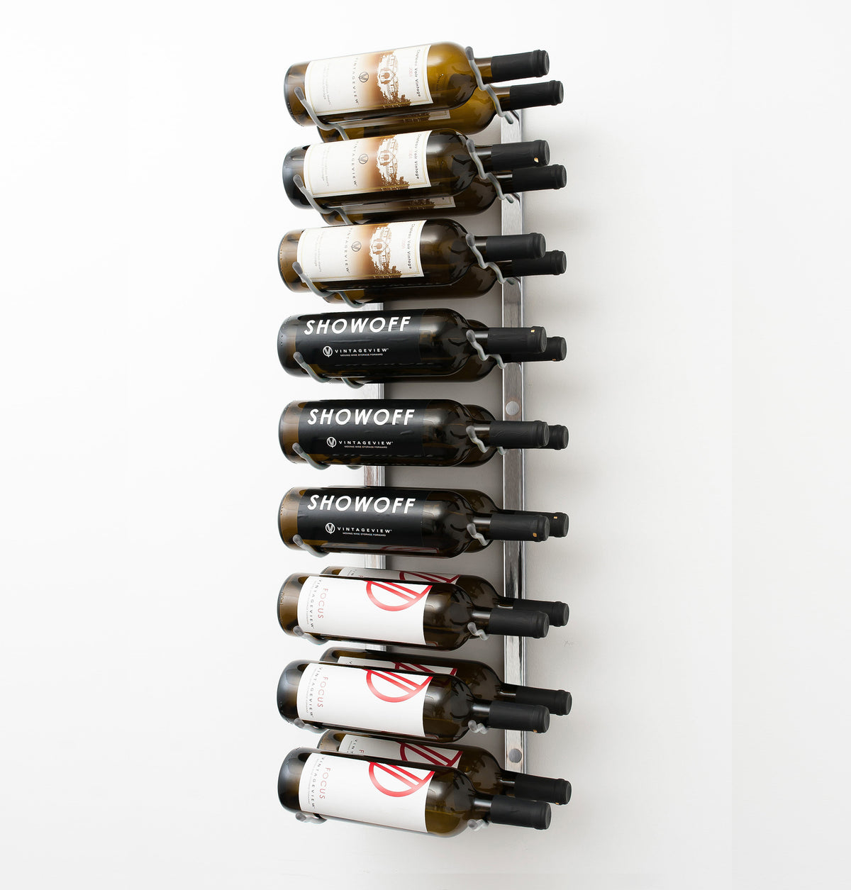Wall-mounted black wine rack with wine bottles displayed horizontally