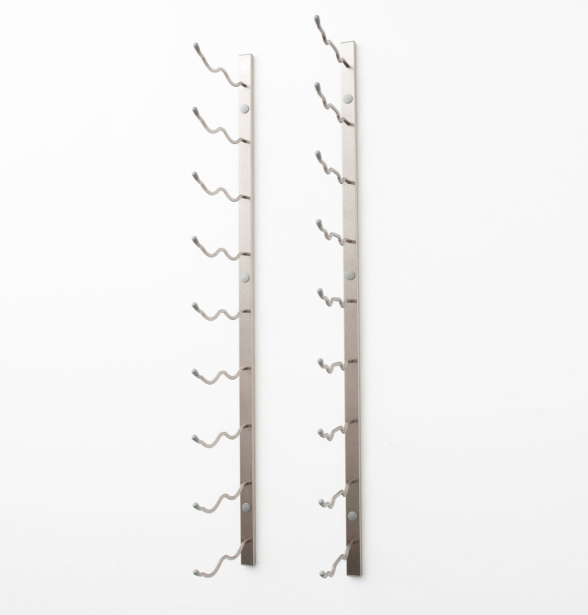 Wall-mounted silver wine rack frame with curved bottle-holder pegs