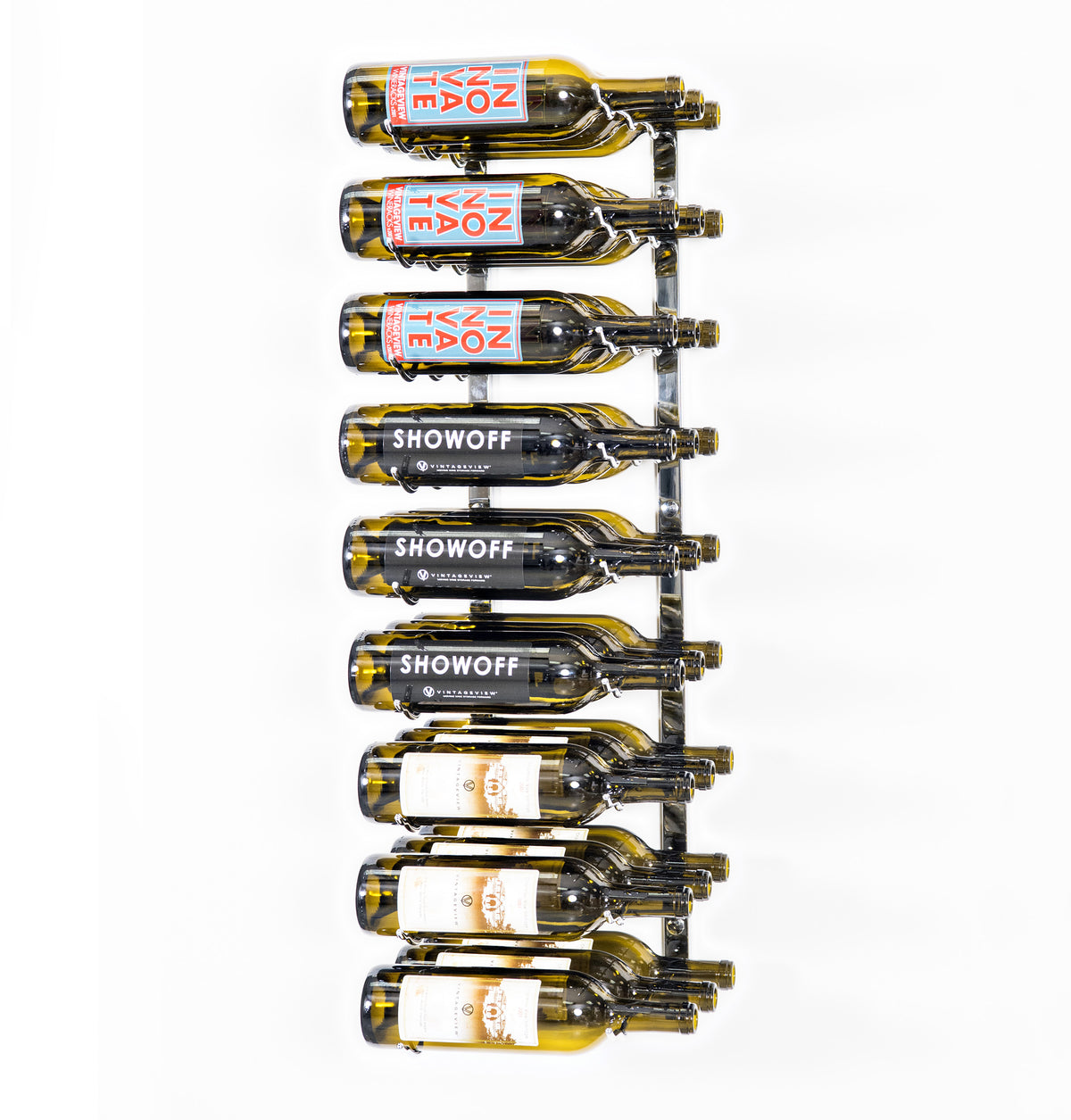 Wall-mounted black wine rack holding wine bottles with red corks