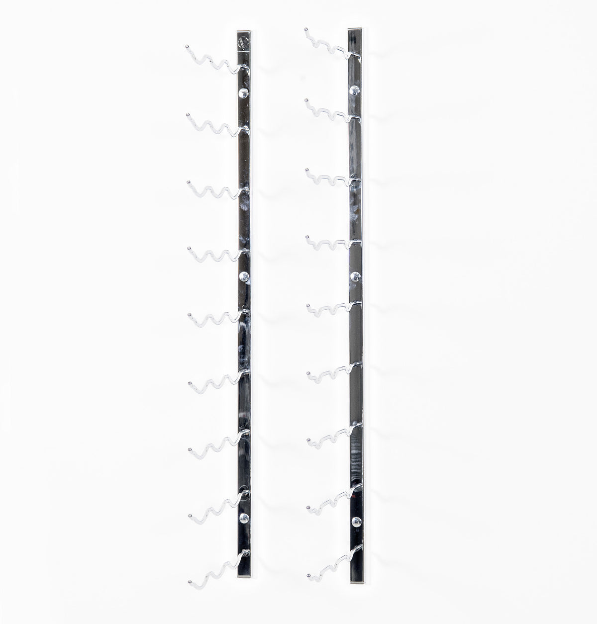 Wall-mounted silver wine rack with bottle-holder pegs, no bottles
