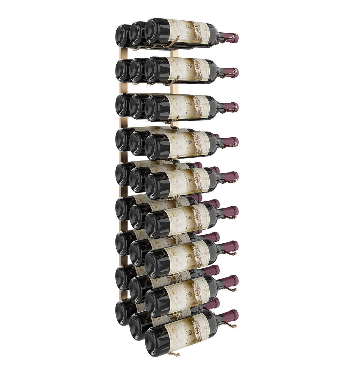 Wall-mounted black wine rack holding wine bottles in multiple rows