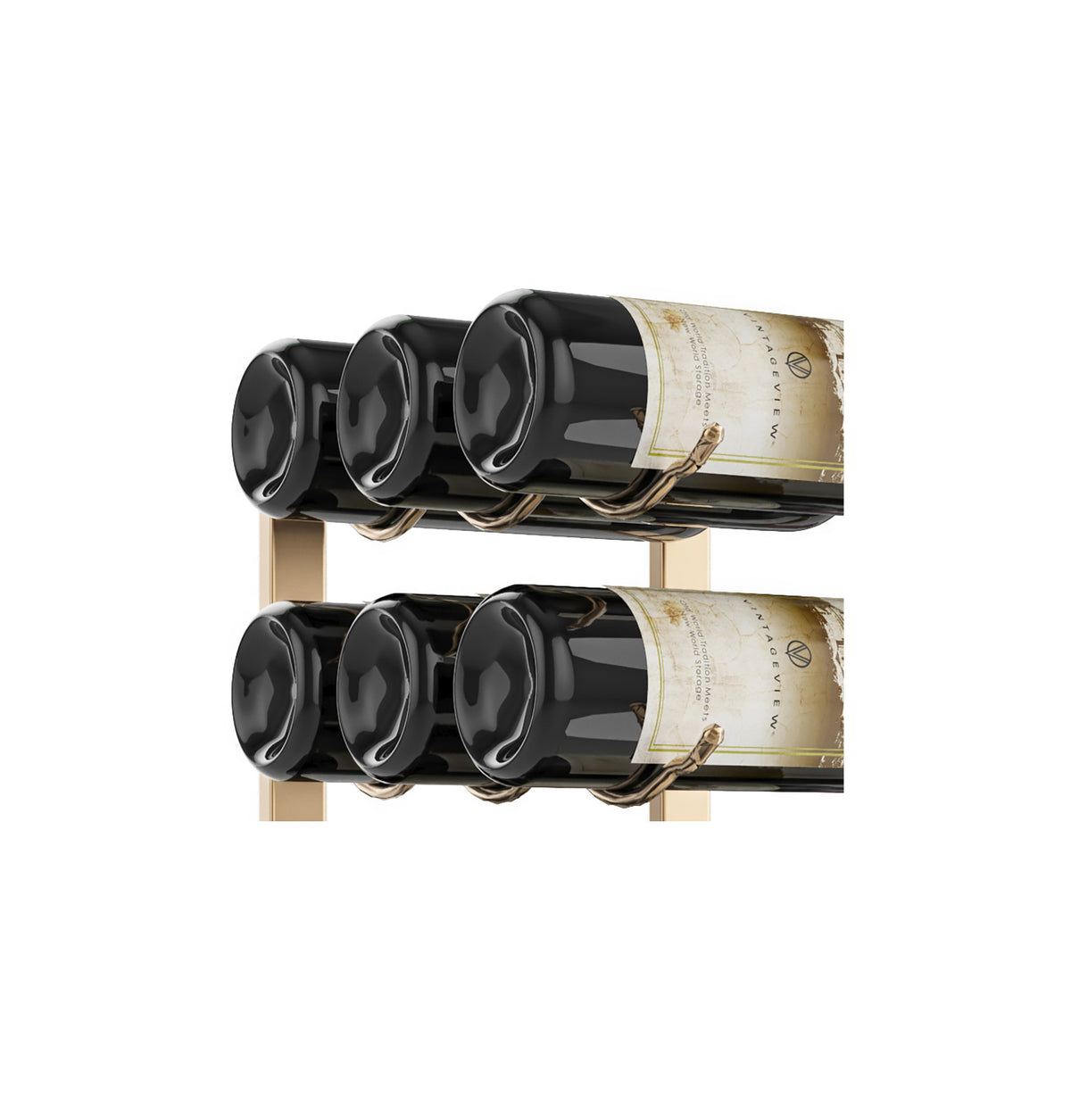 Black wall wine rack bottle holders gripping two wine bottles