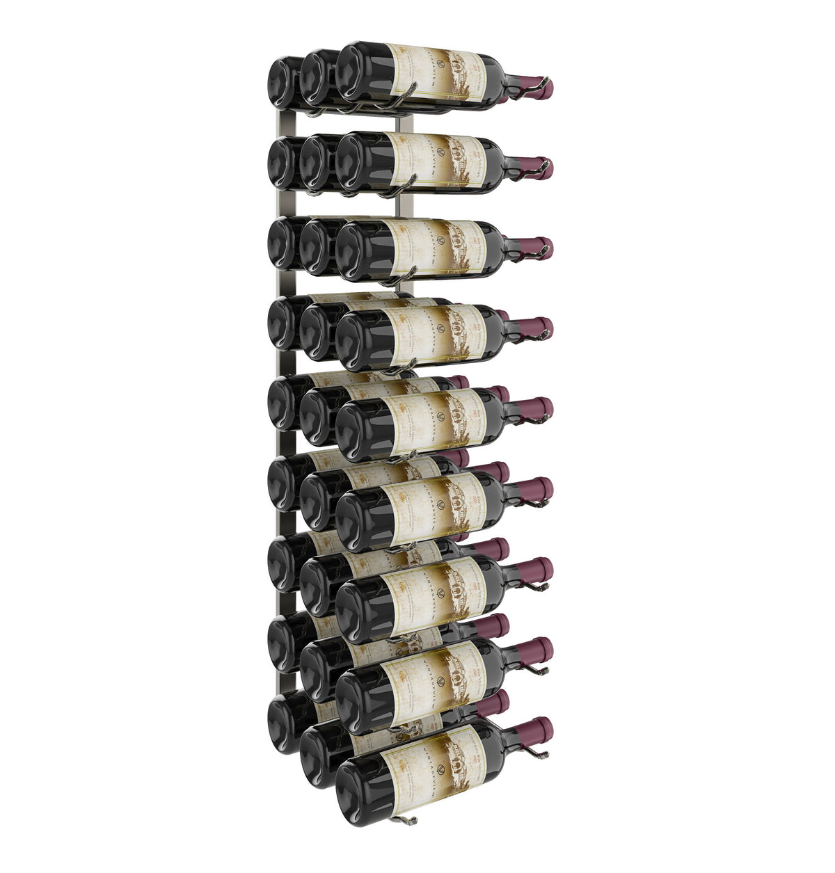 Wall-mounted black wine rack holding wine bottles in a stacked layout
