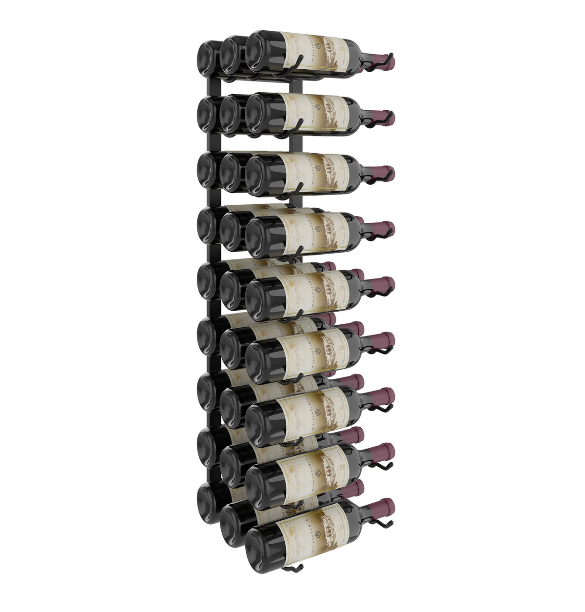 Wall-mounted black wine rack holding multiple wine bottles with corks facing outward.