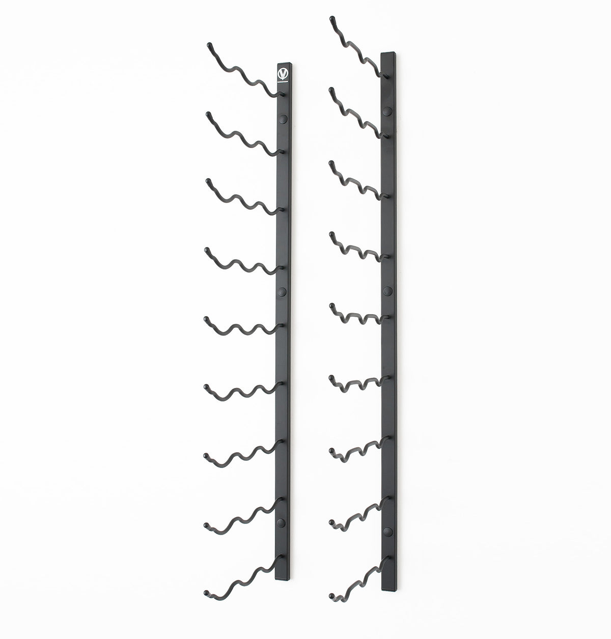 Wall-mounted dark gray wine rack with curved bottle holders, empty.