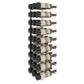 Wall-mounted black wine rack holding multiple wine bottles in vertical rows.