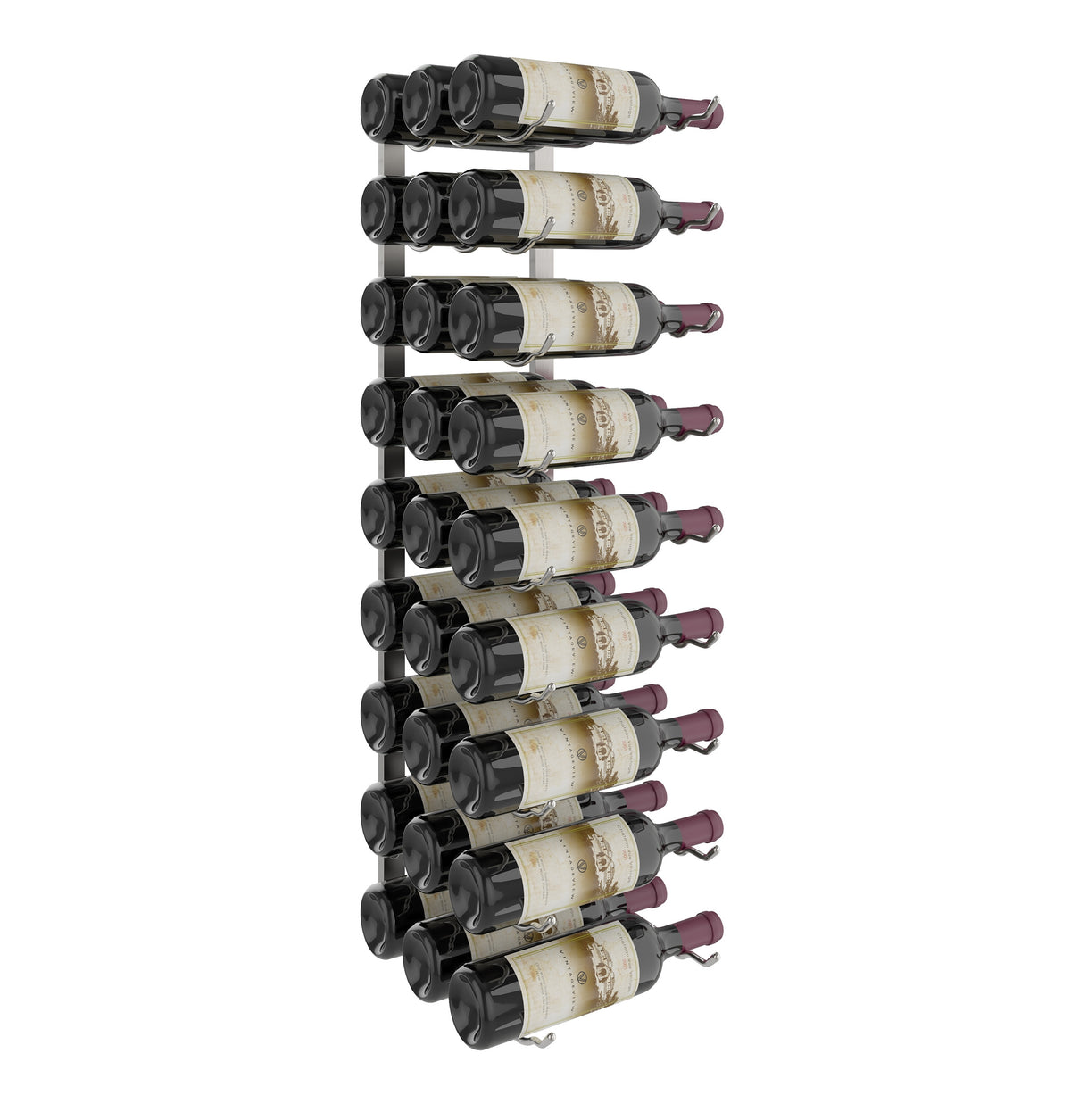 Wall-mounted black wine rack holding multiple wine bottles in vertical rows.