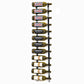 Wall-mounted wine rack with multiple bottles on curved black holders