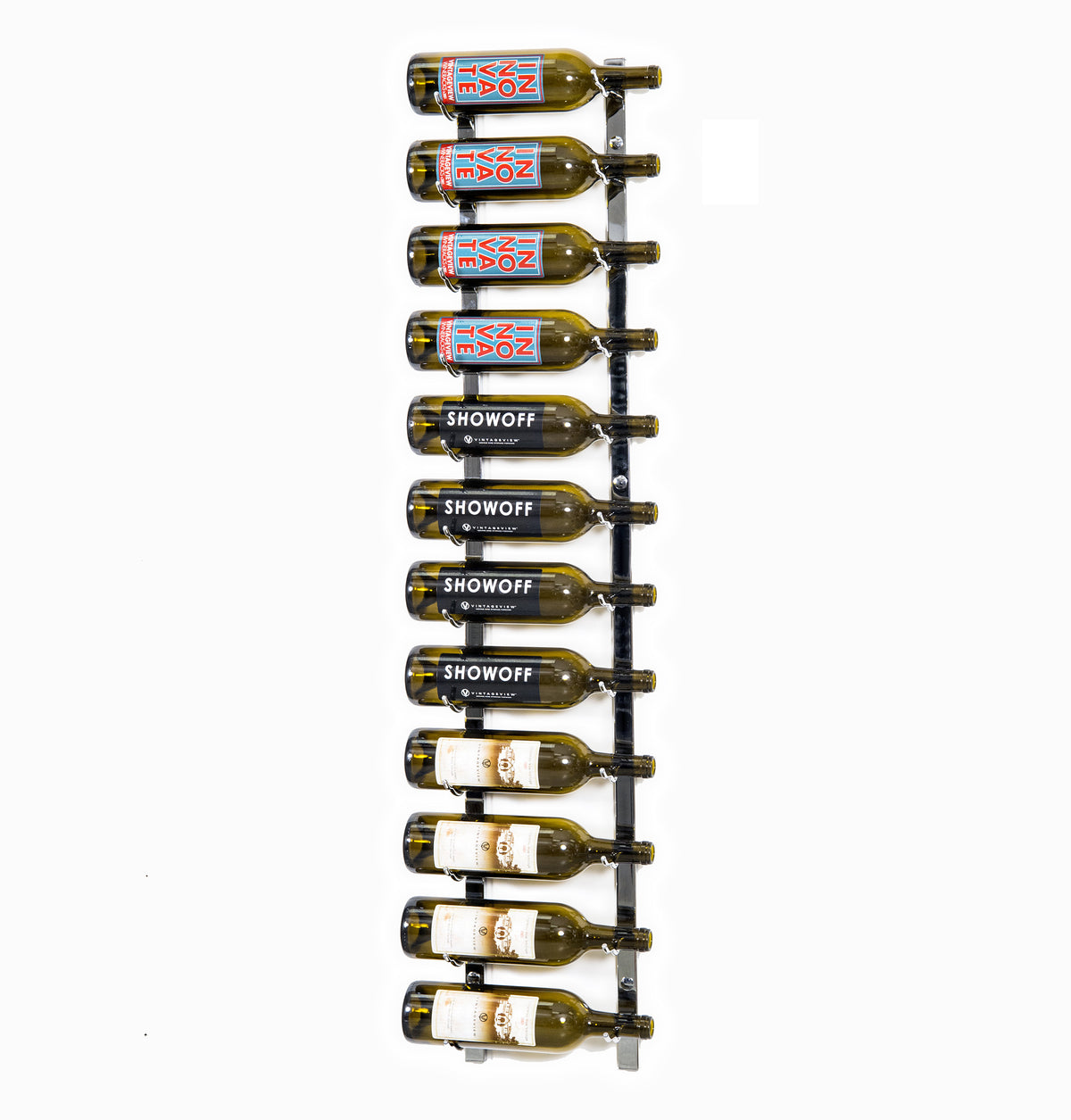 Wall-mounted wine rack with multiple bottles on curved black holders