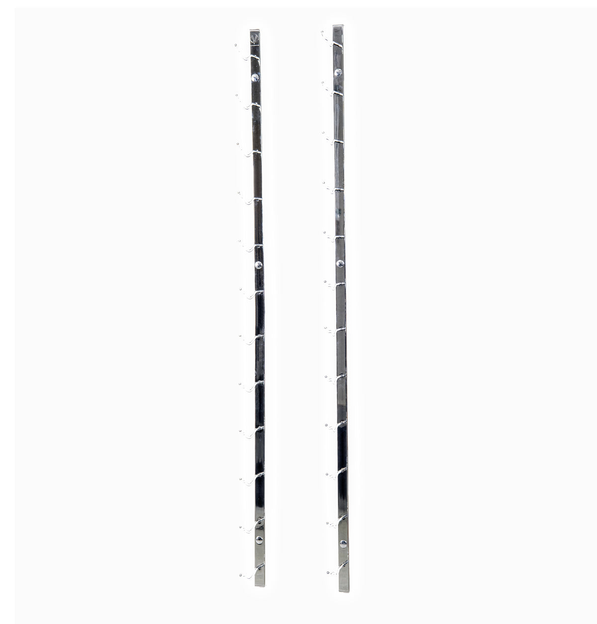 Wall-mounted wine rack rails with bottle hooks, two vertical panels
