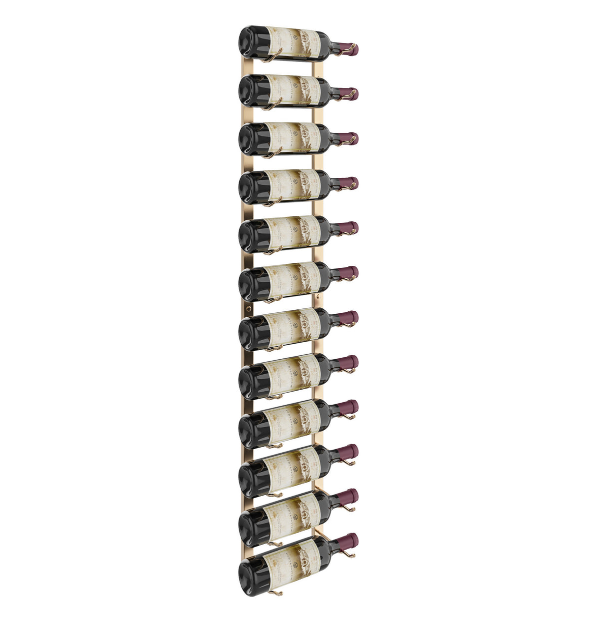 Wall wine rack holding bottles on curved black pegs along the rails