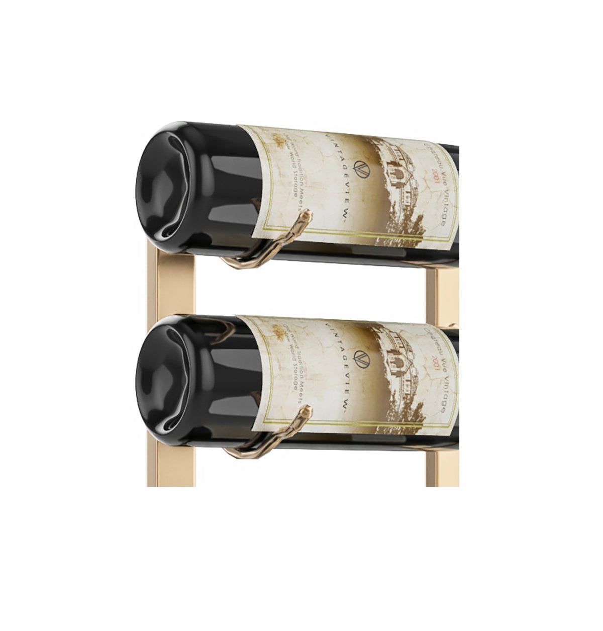 Wall-mounted wine rack with two bottles resting on black peg holders
