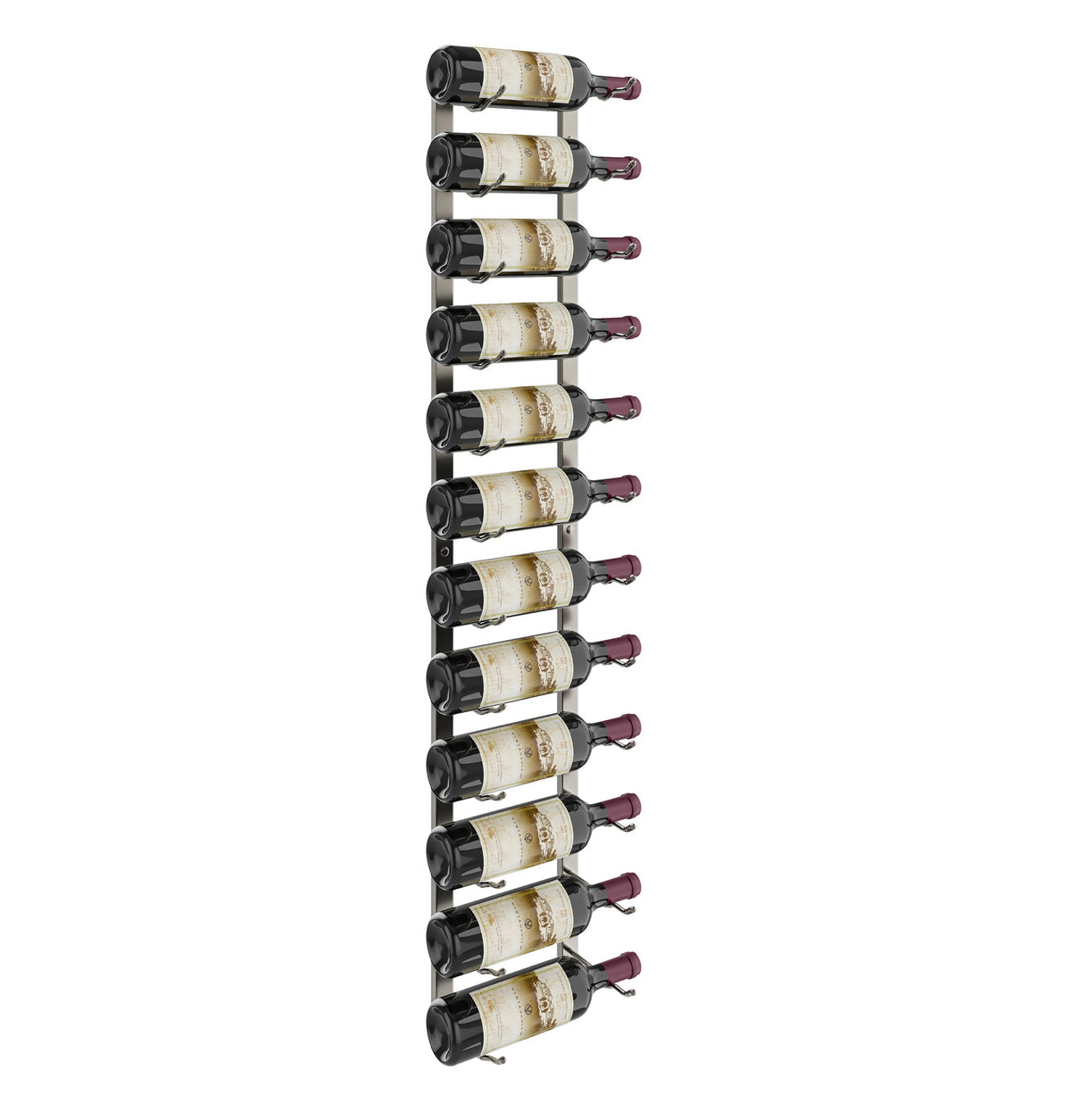 Wall wine rack with bottles arranged on curved black holders