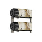 Wall-mounted wine rack with two bottles on curved black bottle hooks
