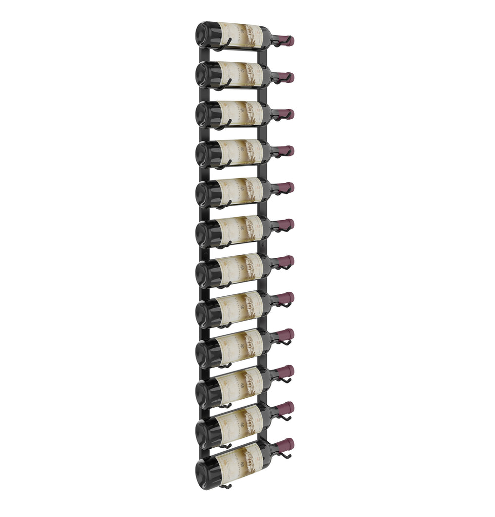 Wall-mounted wine rack with bottles seated on curved black holders