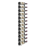 Wall-mounted wine rack with bottles seated on curved black holders