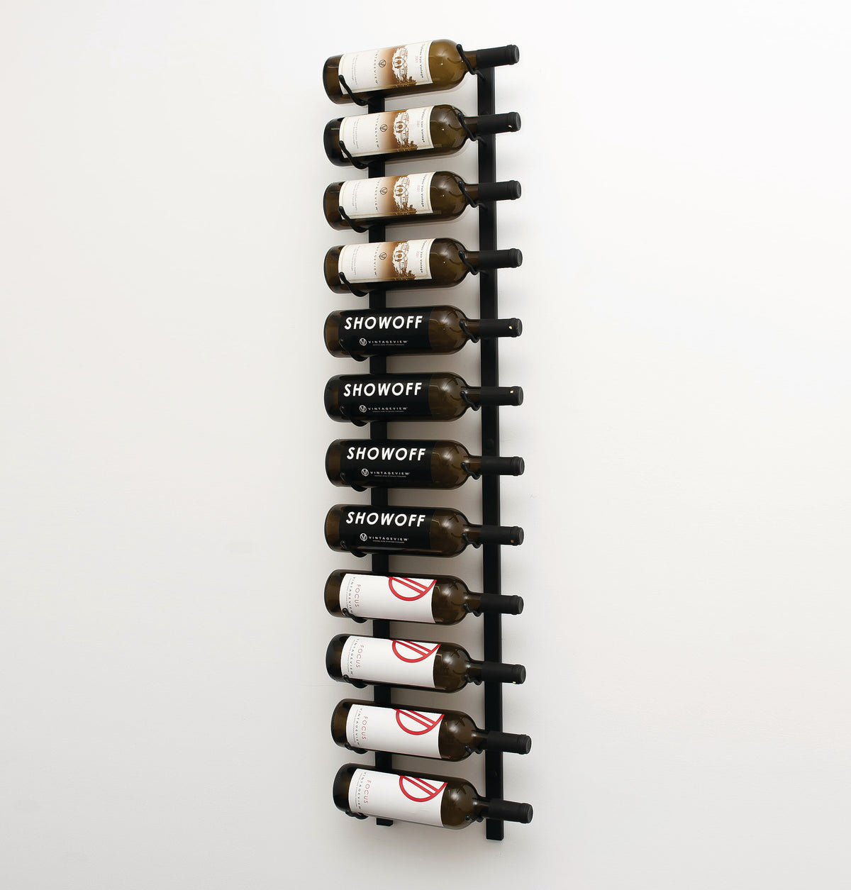 Wall wine rack displaying bottles on curved black hooks along the rails