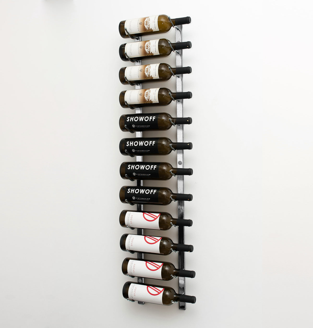 4FT wall wine rack with wine bottles on black horizontal rails