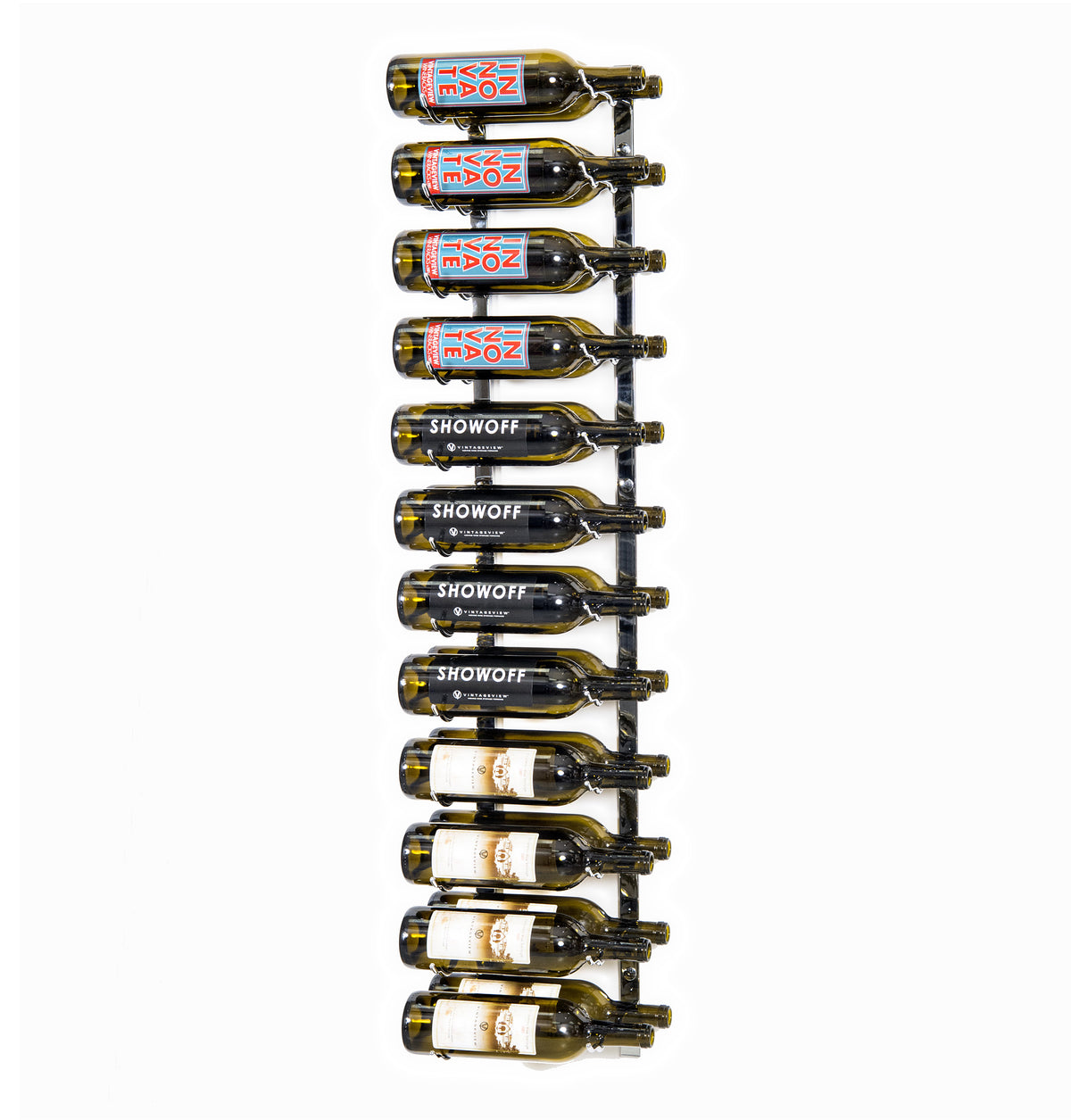 4FT wall wine rack with wine bottles in black bottle holders