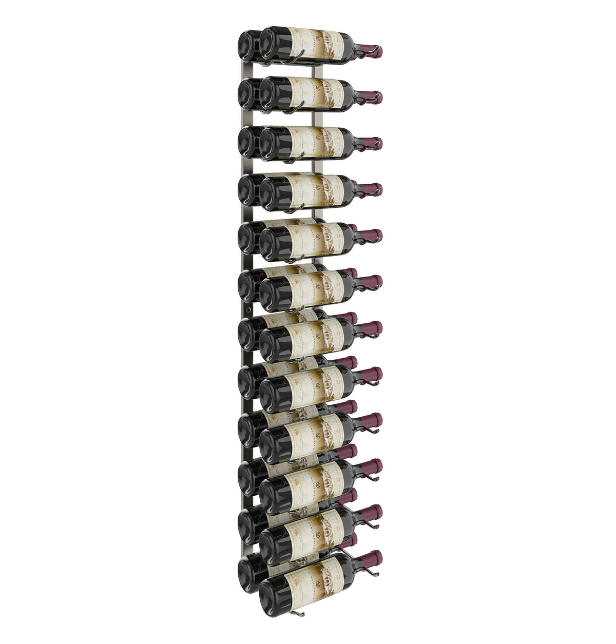 4FT wall wine rack with wine bottles on black bottle holders