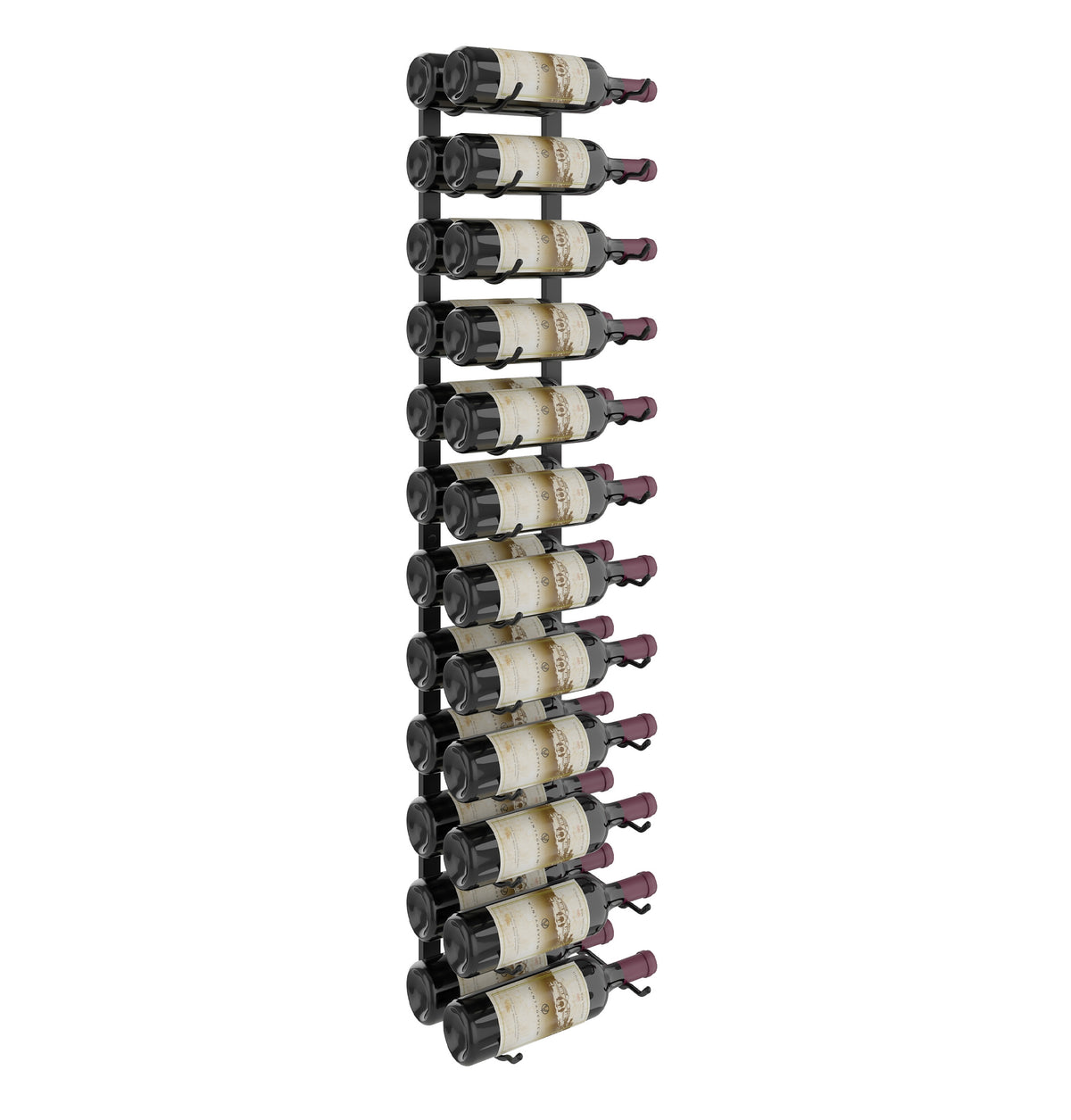 4FT wall wine rack holding wine bottles on black bottle holders