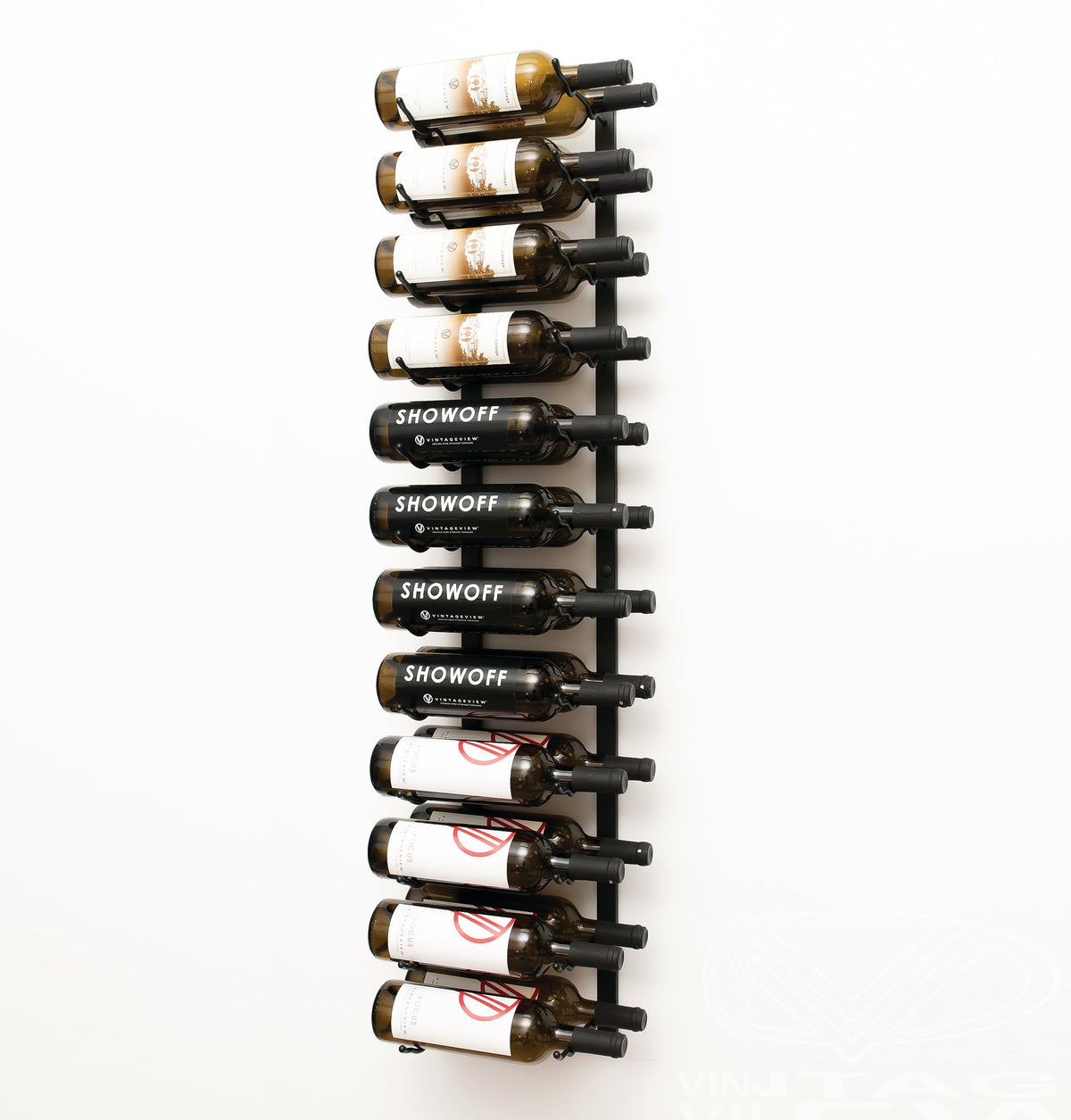 Wall-mounted wine rack holding bottles in black metal rows