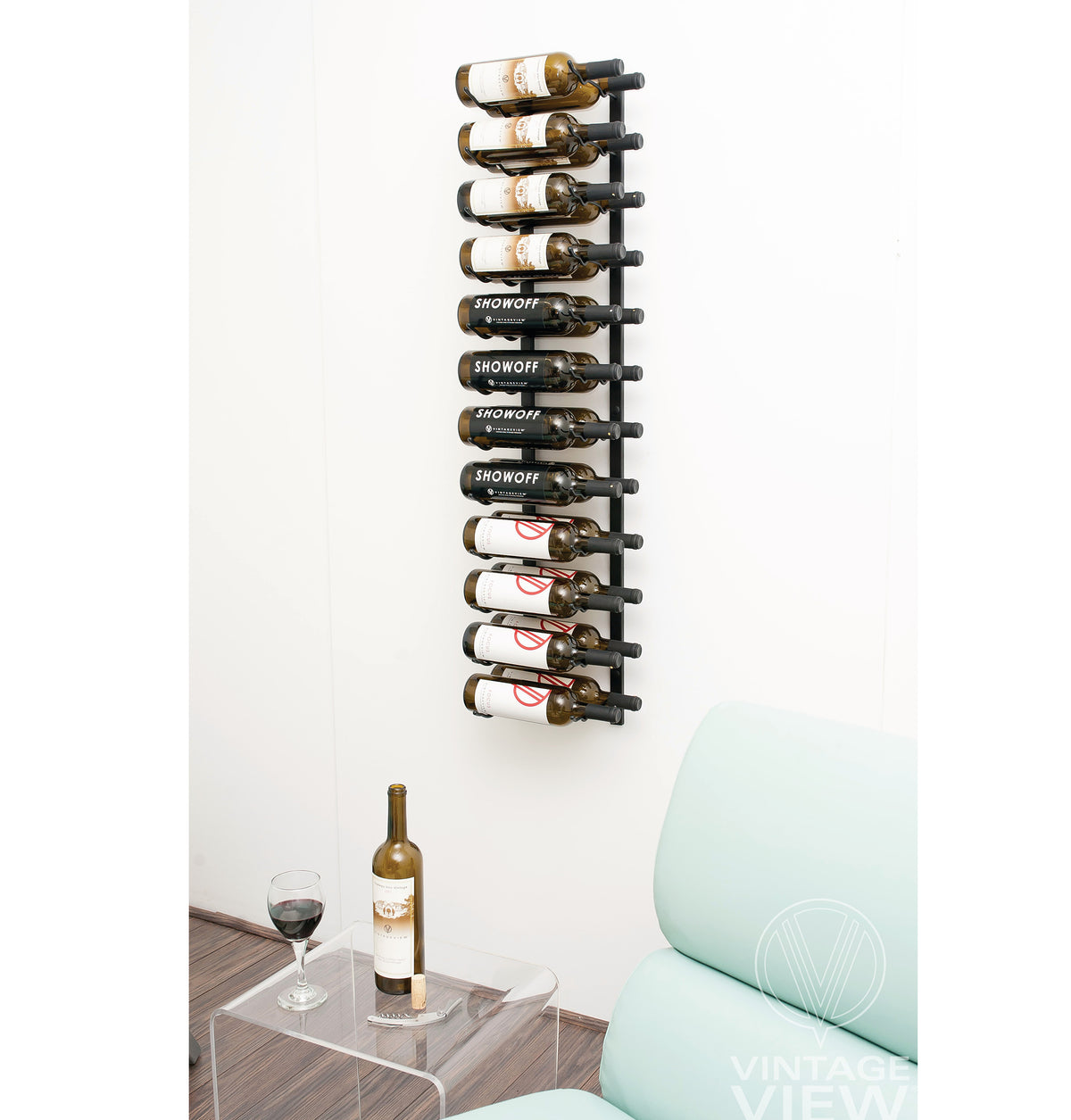 Wall-mounted wine rack with black metal bottle holders
