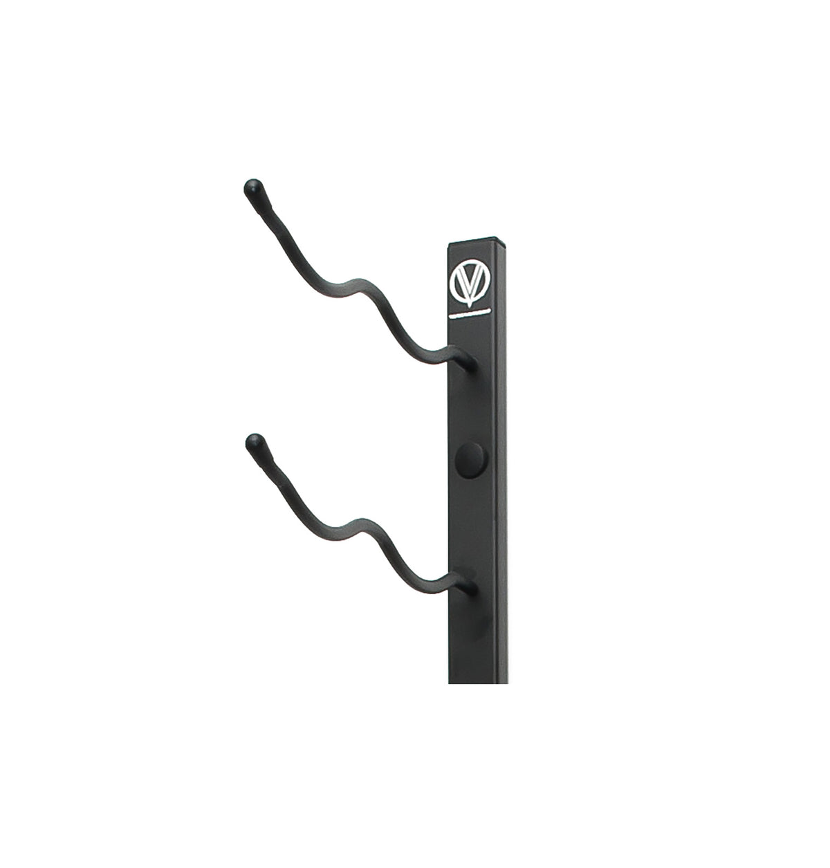 Wall-mounted wine rack bracket with two curved black bottle hooks